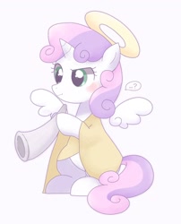 Size: 1654x2048 | Tagged: dead source, safe, artist:ginmaruxx, character:sweetie belle, species:pony, species:unicorn, ..., angel, angelic wings, blushing, clothing, confused, costume, cute, dialogue, diasweetes, female, filly, floating wings, halo, hoof hold, horn, musical instrument, outfit, question mark, simple background, solo, speech bubble, technically alicorn, white background, wings