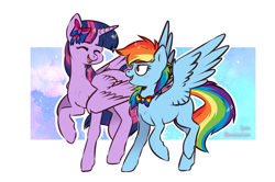 Size: 1200x798 | Tagged: safe, artist:beantoebean, artist:spetu, character:rainbow dash, character:twilight sparkle, character:twilight sparkle (alicorn), species:alicorn, species:pegasus, species:pony, ship:twidash, bi twi, bisexual pride flag, bow, bow tie, eyes closed, female, gay pride flag, hair bow, lesbian, mare, missing cutie mark, pride, pride flag, shipping, simple background, smiling