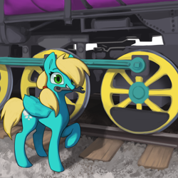 Size: 2000x2000 | Tagged: safe, artist:redruin01, oc, oc only, oc:steam cloud, species:pegasus, species:pony, commission, cute, female, locomotive, mare, mouth hold, posing for photo, railroad, solo, steam engine, steam train, train, wrench