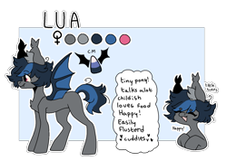 Size: 1406x1000 | Tagged: safe, artist:rymdsten, oc, oc only, oc:lua, species:bat pony, species:pony, cute, cutie mark, female, fluffy, happy, mare, reference sheet, simple background, solo, text, transparent background