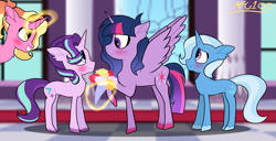 Size: 1999x1025 | Tagged: safe, artist:mixelfangirl100, character:luster dawn, character:starlight glimmer, character:trixie, character:twilight sparkle, character:twilight sparkle (alicorn), species:alicorn, species:pony, species:unicorn, ship:twistarlight, ship:twixie, g4, blushing, bouquet, colored hooves, cute, diatrixes, female, flower, glimmerbetes, glowing horn, grin, hooves, horn, lesbian, levitation, lusterbetes, lusterlight, magic, mare, polyamory, profile, raised hoof, shipping, smiling, starlusterlightixie, telekinesis, twiabetes, twilight sparkle gets all the mares, unshorn fetlocks