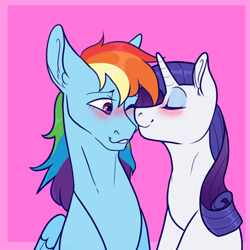 Size: 1000x1000 | Tagged: safe, artist:malphym, character:rainbow dash, character:rarity, species:pegasus, species:pony, species:unicorn, ship:raridash, blushing, duo, female, folded wings, kiss on the cheek, kissing, lesbian, mare, shipping, simple background, wings