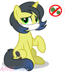 Size: 1561x1699 | Tagged: safe, artist:amgiwolf, oc, oc only, oc:pauly sentry, species:pony, species:unicorn, coronavirus, covid-19, female, mare, pictogram, show accurate, simple background, solo, surgical mask, transparent background