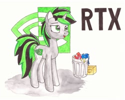 Size: 1280x1024 | Tagged: safe, artist:zocidem, oc, oc only, species:pony, species:unicorn, logo, mascot, nvidia, reference, rtx, solo, traditional art, trash can