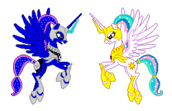 Size: 1144x740 | Tagged: safe, artist:larsurus, editor:cocoa bittersweet, character:princess celestia, character:princess luna, species:alicorn, species:pony, angry, armor, cutie mark, ethereal mane, female, flying, galaxy mane, horn, manepxls, mare, pixel art, pxls.space, simple background, stars, transparent background, warrior, warrior celestia, warrior luna, wings