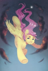 Size: 1280x1909 | Tagged: safe, artist:hollybright, character:fluttershy, cloud, diving, dusk, female, flying, moon, signature, sky, smiling, solo, spread wings, stars, windswept mane, wings