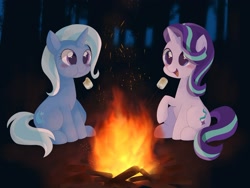 Size: 2048x1537 | Tagged: safe, artist:ginmaruxx, character:starlight glimmer, character:trixie, species:pony, species:unicorn, :t, blushing, campfire, cute, diatrixes, duo, eating, female, food, forest, forest background, glimmerbetes, magic, mare, marshmallow, open mouth, puffy cheeks, raised hoof, roasting, sitting, smiling