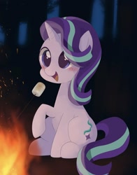 Size: 930x1186 | Tagged: safe, alternate version, artist:ginmaruxx, character:starlight glimmer, species:pony, species:unicorn, blushing, campfire, cute, female, food, glimmerbetes, mare, marshmallow, open mouth, raised hoof, sitting, smiling, solo