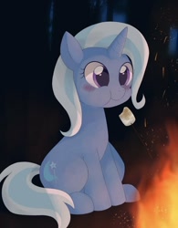 Size: 906x1162 | Tagged: safe, alternate version, artist:ginmaruxx, character:trixie, species:pony, species:unicorn, :t, blushing, cute, diatrixes, eating, female, fireplace, food, glowing horn, horn, mare, marshmallow, sitting, smiling, solo
