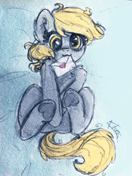 Size: 432x576 | Tagged: safe, artist:minty joy, character:derpy hooves, species:pegasus, species:pony, bed, blushing, chest fluff, colored sketch, cute, ear fluff, female, fluffy, heart, hoof heart, letter, love, love letter, sketch, solo, traditional art