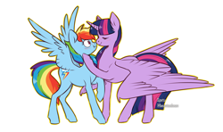 Size: 1200x711 | Tagged: safe, artist:spetu, character:rainbow dash, character:twilight sparkle, character:twilight sparkle (alicorn), species:alicorn, species:pegasus, species:pony, ship:twidash, blushing, boop, female, lesbian, mare, noseboop, shipping, simple background, white background