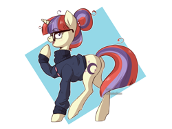 Size: 1200x897 | Tagged: safe, artist:spetu, character:moondancer, species:pony, species:unicorn, alternate hairstyle, clothing, female, glasses, hair bun, mare, simple background, solo, sweater, white background