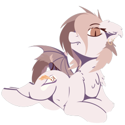 Size: 1500x1500 | Tagged: safe, artist:rhythmpixel, oc, oc only, oc:mookah, species:bat pony, species:pony, belly button, chest fluff, ear fluff, female, lineless, looking at you, lying down, mare, simple background, solo, transparent background, wings