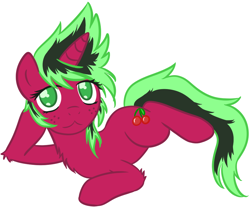 Size: 898x747 | Tagged: safe, artist:homumu, oc, oc:cherry bomb, species:pony, species:unicorn, female, fluffy, freckles, horn, looking at you, mare, prone, simple background, smiling, solo, unicorn oc, white background