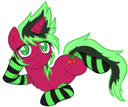 Size: 898x747 | Tagged: safe, alternate version, artist:homumu, oc, oc:cherry bomb, species:pony, species:unicorn, clothing, female, fluffy, freckles, horn, looking at you, mare, prone, simple background, smiling, socks, solo, striped socks, unicorn oc, white background