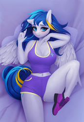 Size: 1181x1714 | Tagged: safe, artist:frieder1, oc, oc only, species:anthro, species:pegasus, species:plantigrade anthro, species:pony, anthro oc, bedroom eyes, belly button, blushing, breasts, cleavage, clothing, cute, female, gym shorts, looking at you, lying on bed, mare, midriff, shoes, shorts, sneakers, solo, sports shorts, tail, tank top, tomboy, wings, ych result