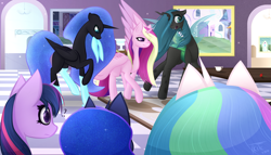 Size: 7000x4000 | Tagged: safe, artist:those kids in the corner, character:nightmare moon, character:princess cadance, character:princess celestia, character:princess luna, character:queen chrysalis, character:twilight sparkle, character:twilight sparkle (alicorn), species:alicorn, species:changeling, species:pony, absurd resolution, angry, annoyed, canterlot, changeling queen, clothing, confused, cup, female, flower, rug, smiling, socks, table, teacup, wallpaper