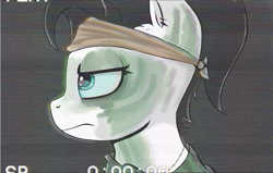 Size: 1060x675 | Tagged: safe, artist:waffletheheadmare, oc, oc only, oc:wafflehead, species:pony, angry, bandage, bandana, black hair, blue eyes, bust, clothing, ear piercing, eyelashes, face paint, female, hair tie, jewelry, mare, necklace, piercing, portrait, shirt, simple background, soldier, vhs, vietnam war, white coat