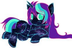 Size: 1638x1101 | Tagged: safe, artist:homumu, oc, oc only, oc:andromeda, species:pony, species:unicorn, female, horn, lying down, mare, simple background, smiling, solo, starry hair, transparent background, unicorn oc, unshorn fetlocks