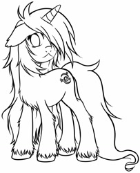 Size: 1038x1280 | Tagged: safe, artist:homumu, oc, oc only, oc:andromeda, species:pony, species:unicorn, female, hair over one eye, horn, lineart, mare, messy mane, simple background, solo, unicorn oc, unshorn fetlocks, white background