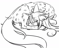 Size: 1280x1036 | Tagged: safe, artist:homumu, oc, oc only, oc:andromeda, species:pony, species:unicorn, curled up, eyes closed, female, horn, lineart, mare, monochrome, sleeping, solo, unicorn oc