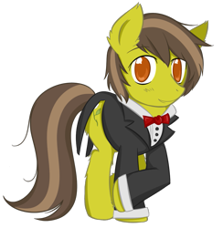 Size: 1011x1035 | Tagged: safe, artist:homumu, oc, oc only, species:earth pony, species:pony, bow tie, clothing, earth pony oc, male, raised hoof, simple background, smiling, solo, stallion, suit, transparent background