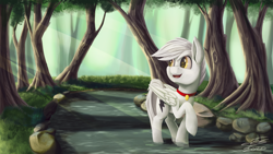 Size: 3840x2160 | Tagged: safe, artist:sigilponies, oc, oc only, oc:bolt the super pony, species:pegasus, species:pony, crepuscular rays, folded wings, forest, open mouth, smiling, solo, wings