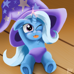 Size: 1500x1500 | Tagged: safe, artist:jphyperx, character:trixie, species:pony, species:unicorn, chest fluff, clothing, female, filly, hat, one eye closed, raspberry, tongue out, trixie's hat, underhoof, wink, younger