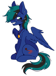 Size: 732x1000 | Tagged: safe, artist:rymdsten, oc, oc only, oc:ender, species:pegasus, species:pony, blushing, confident, ear piercing, earring, grin, jewelry, looking back, male, necklace, piercing, simple background, sitting, smiling, solo, spread wings, stallion, transparent background, wings