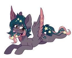 Size: 1000x799 | Tagged: safe, artist:rymdsten, oc, oc only, oc:star universe, species:pony, adorable face, blushing, cute, ethereal mane, ethereal wings, female, looking at you, mare, mlem, prone, silly, silly face, silly pony, simple background, solo, spread wings, tongue out, transparent background, wings