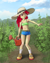 Size: 858x1080 | Tagged: safe, artist:vyazinrei, character:apple bloom, my little pony:equestria girls, armpits, belly button, clothing, cute, denim shorts, female, freckles, hat, jeans, midriff, open mouth, pants, sexy, shoes, short shirt, shorts, sneakers, socks, solo, sun hat, teenager, tomboy, watering can, worker