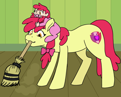 Size: 2764x2222 | Tagged: safe, artist:/d/non, artist:gameboyadvancesp, character:apple bloom, oc, oc:peach, parent:apple bloom, satyr, species:earth pony, species:pony, broom, female, mother and child, mother and daughter, mouth hold, offspring, older, older apple bloom, pacifier, sweeping