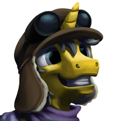 Size: 2000x2000 | Tagged: safe, artist:potes, oc, oc only, oc:raining lead, species:pony, species:unicorn, bust, clothing, frostpunk, goggles, gray eyes, gray mane, grey hair, happy, scarf, simple background, smiling, teeth, transparent background, welding goggles, winter hat, winter outfit, yellow coat