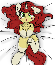 Size: 1681x2000 | Tagged: safe, artist:minty joy, oc, oc:treble pen, species:pony, species:unicorn, bed, blushing, body pillow, body pillow design, cel shading, chest fluff, colored sketch, cute, dakimakura cover, ear fluff, fluffy, love, shading, solo