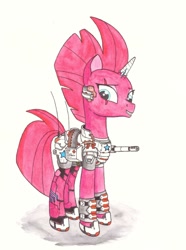 Size: 1280x1720 | Tagged: safe, artist:zocidem, character:tempest shadow, species:pony, species:unicorn, armor, augmented, biohacking, cyborg, drawing, female, scar, solo, technology, traditional art, visor, weapon