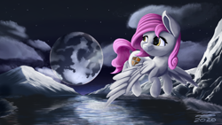 Size: 3840x2160 | Tagged: safe, artist:sigilponies, oc, species:pony, cloud, cloudy, lake, moon, mountain, mountain range, night, solo, stars, water