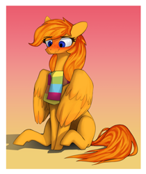 Size: 1000x1189 | Tagged: safe, artist:redruin01, oc, oc:amber dart, species:pegasus, species:pony, abstract background, blushing, clothing, cute, missing cutie mark, pegasus oc, scarf, simple background, sitting, solo, wings