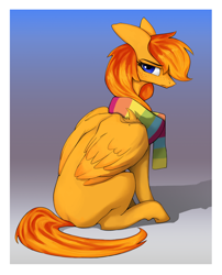 Size: 1000x1240 | Tagged: safe, artist:redruin01, oc, oc only, oc:amber dart, species:pegasus, species:pony, abstract background, clothing, missing cutie mark, pegasus oc, scarf, simple background, sitting, solo, wings