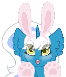Size: 465x538 | Tagged: safe, artist:brendalobinha, oc, oc only, oc:fleurbelle, species:alicorn, species:pony, blushing, bunny ears, chest fluff, ear fluff, easter, easter bunny, female, holiday, mare, paws, simple background, solo, transparent background, wingding eyes