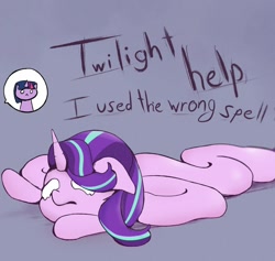 Size: 1500x1419 | Tagged: safe, artist:rainyvisualz, character:starlight glimmer, character:twilight sparkle, species:pony, species:unicorn, :<, adorable distress, blank eyes, cute, dialogue, long glimmer, long pony, meme, sad, spell gone wrong, teary eyes