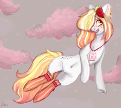 Size: 2912x2612 | Tagged: safe, artist:ske, oc, oc only, species:earth pony, species:pony, belly button, clothing, ear fluff, freckles, hair accessory, hair over one eye, open mouth, smiling, socks, solo