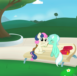 Size: 918x900 | Tagged: safe, artist:krekka01, character:bon bon, character:lyra heartstrings, character:sweetie drops, species:earth pony, species:pony, species:unicorn, ship:lyrabon, adorabon, bench, blushing, cute, eating, female, filly, foal, foal romance, indirect kiss, lesbian, lyrabetes, moth, puffy cheeks, sandwich, shipping, younger