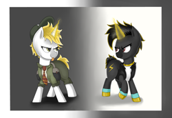 Size: 4939x3373 | Tagged: safe, artist:waffletheheadmare, oc, oc only, oc:high voltage, oc:thunderstruck, species:pony, species:unicorn, ac/dc, bag, black hair, blonde hair, bolt, boots, clothing, cutie mark, duo, eyelashes, female, gold, half-closed eyes, hat, jewelry, magic, mare, necklace, necktie, shadow, shadows, shirt, shoes, short hair, simple background, smiling, socks, sweater, thunder, tongue out, turtleneck, vest, zap