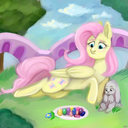 Size: 2700x2700 | Tagged: safe, artist:ske, character:angel bunny, character:fluttershy, species:pegasus, species:pony, species:rabbit, animal, duo, easter, easter egg, female, folded wings, grass, holiday, mare, outdoors, prone, wings