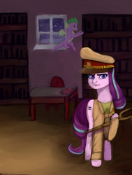 Size: 2928x3866 | Tagged: safe, artist:ske, character:spike, character:starlight glimmer, species:dragon, species:pony, species:unicorn, episode:the cutie map, g4, my little pony: friendship is magic, 1984, clothing, communism, duo, hat, indoors, looking at you, military uniform, open mouth, peaked cap, raised hoof, staff, staff of sameness, stalin glimmer, table