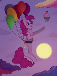 Size: 2055x2700 | Tagged: safe, artist:ske, character:pinkie pie, species:earth pony, species:pony, balloon, cupcake, female, floating, flying, food, mare, solo, then watch her balloons lift her up to the sky