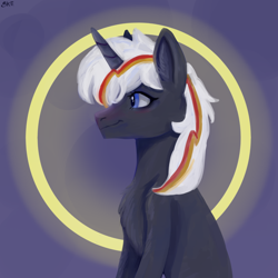 Size: 1624x1624 | Tagged: safe, artist:ske, oc, oc only, oc:velvet remedy, species:pony, species:unicorn, fallout equestria, abstract background, chest fluff, fanfic, fanfic art, female, horn, mare, profile, signature, simple background, sitting, solo, unicorn oc