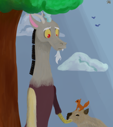 Size: 1450x1624 | Tagged: safe, artist:ske, character:discord, cloud, male, solo, squirrel, tree