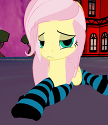 Size: 651x754 | Tagged: safe, alternate version, artist:melimoo2000, character:fluttershy, species:pegasus, species:pony, 3d, alternate hairstyle, alternate universe, clothing, eyebrows, female, frown, grumpy, house, lidded eyes, long mane, looking at you, pathway, second life, sitting, socks, solo, striped socks, tree, unamused, wings