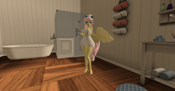 Size: 1920x1001 | Tagged: safe, artist:melimoo2000, character:fluttershy, species:anthro, species:pegasus, species:pony, 3d, barefoot, bath, bathroom, bathtub, bow, breasts, busty fluttershy, feet, female, glasses, hair bow, looking at you, second life, shower, solo, tied mane, towel, towel around waist, wings
